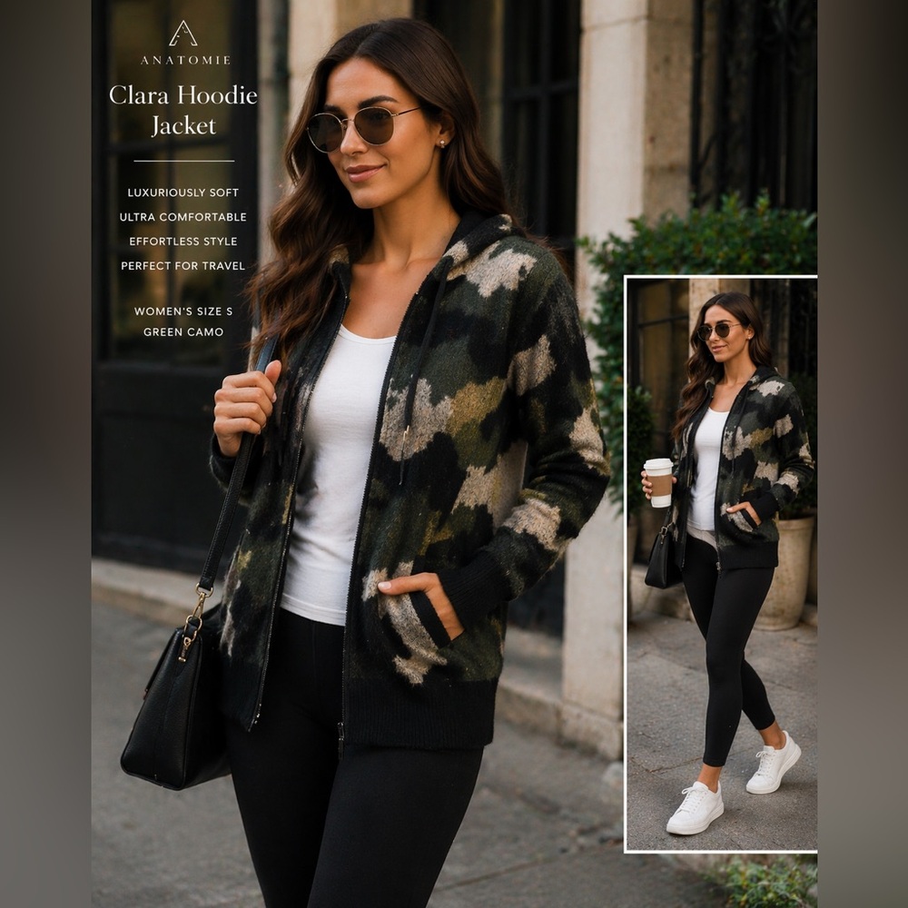 Anatomie Clara Hoodie Jacket Camo Zip Up Luxury Travel Athleisure. Sz S